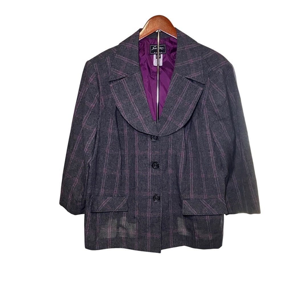 Sweet Suit Woman Plaid Blazer Gray Purple Unique Collar Career Jacket